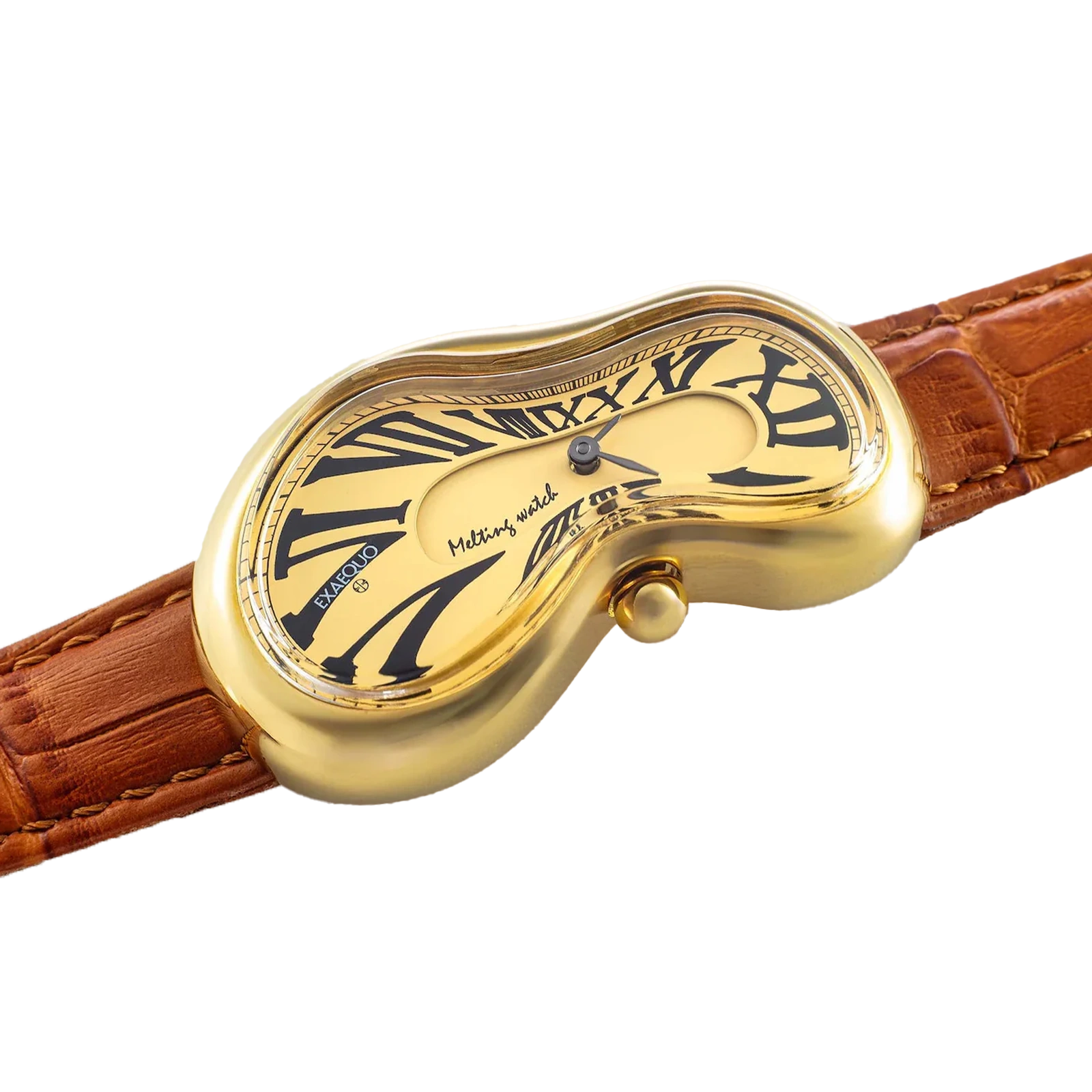 złoty zegarek rozlany salvador dali exaequo melting watch kwarcowy żólta tarcza z brązowym paskiem 