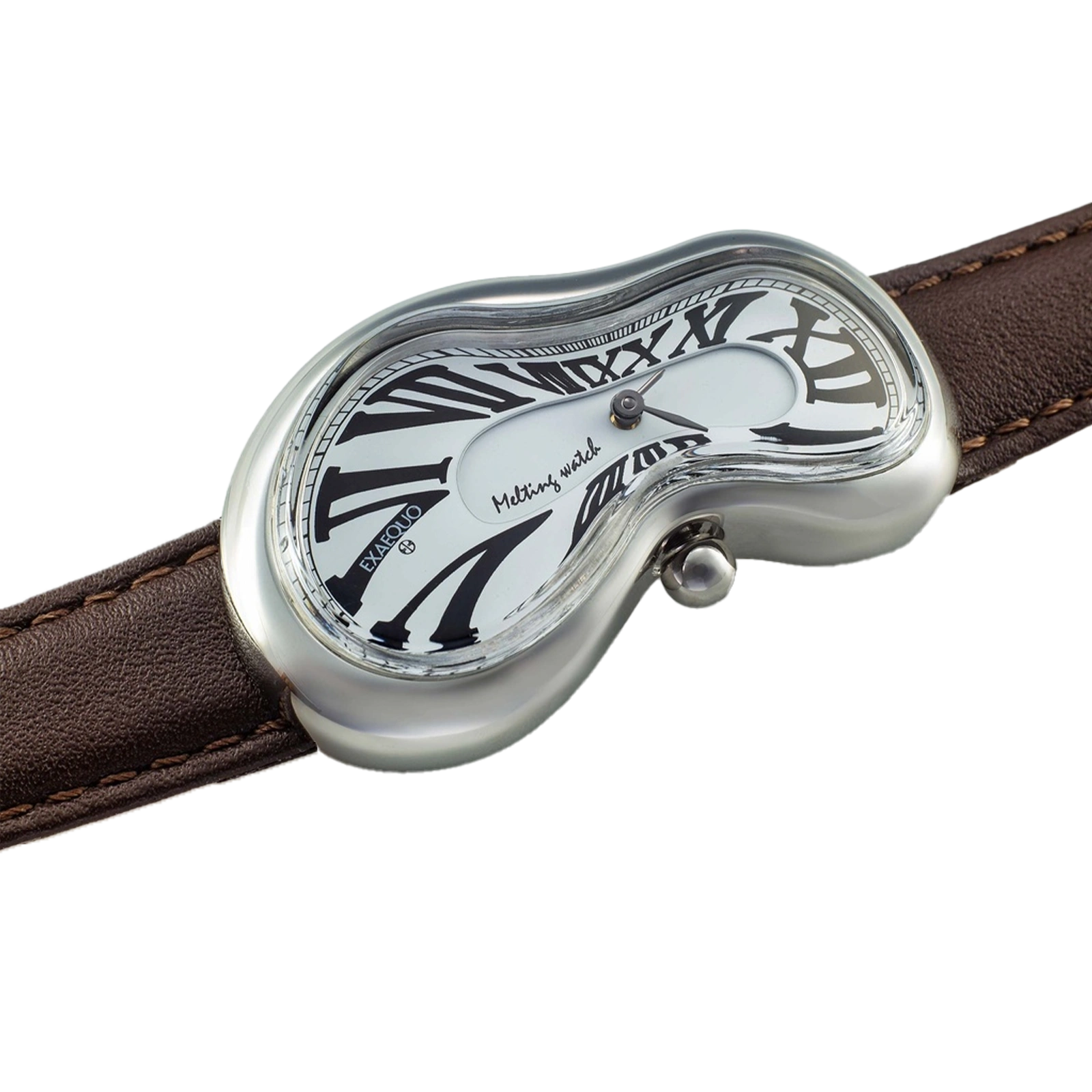 srebrny zegarek rozlany salvador dali exaequo melting watch kwarcowy biały z brązowym paskiem