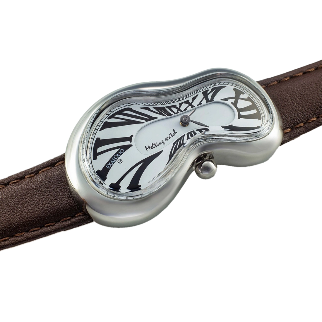 srebrny zegarek rozlany salvador dali exaequo melting watch kwarcowy biały z brązowym paskiem