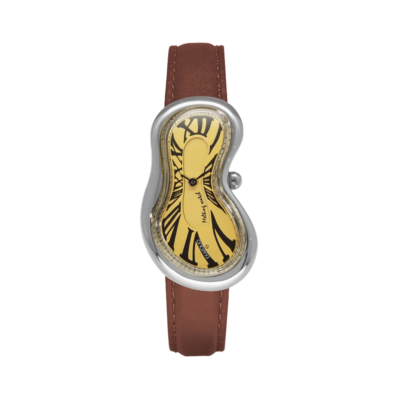 srebrny zegarek rozlany salvador dali exaequo melting watch kwarcowy żólta tarcza z brązowym paskiem 