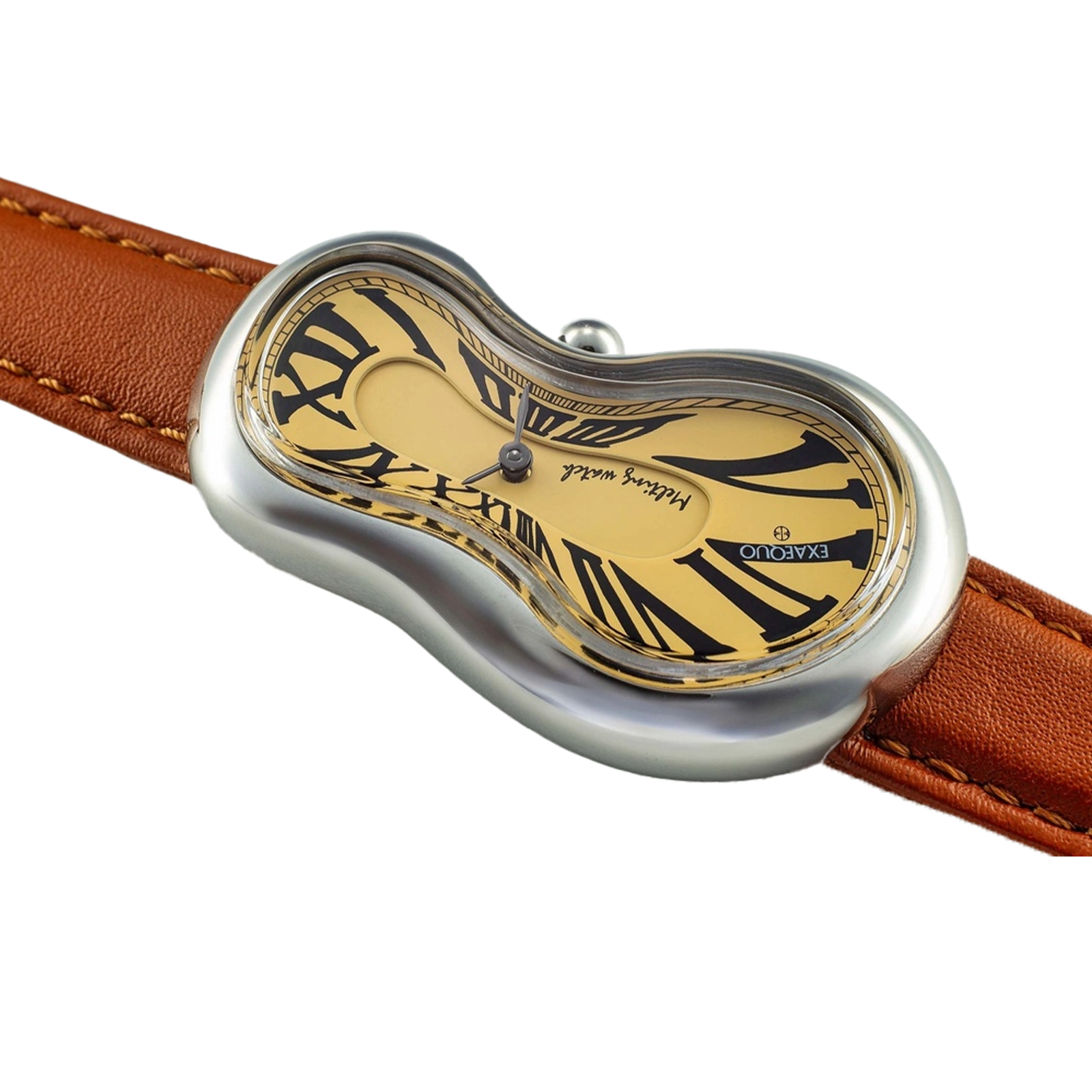 srebrny zegarek rozlany salvador dali exaequo melting watch kwarcowy żólta tarcza z brązowym paskiem 