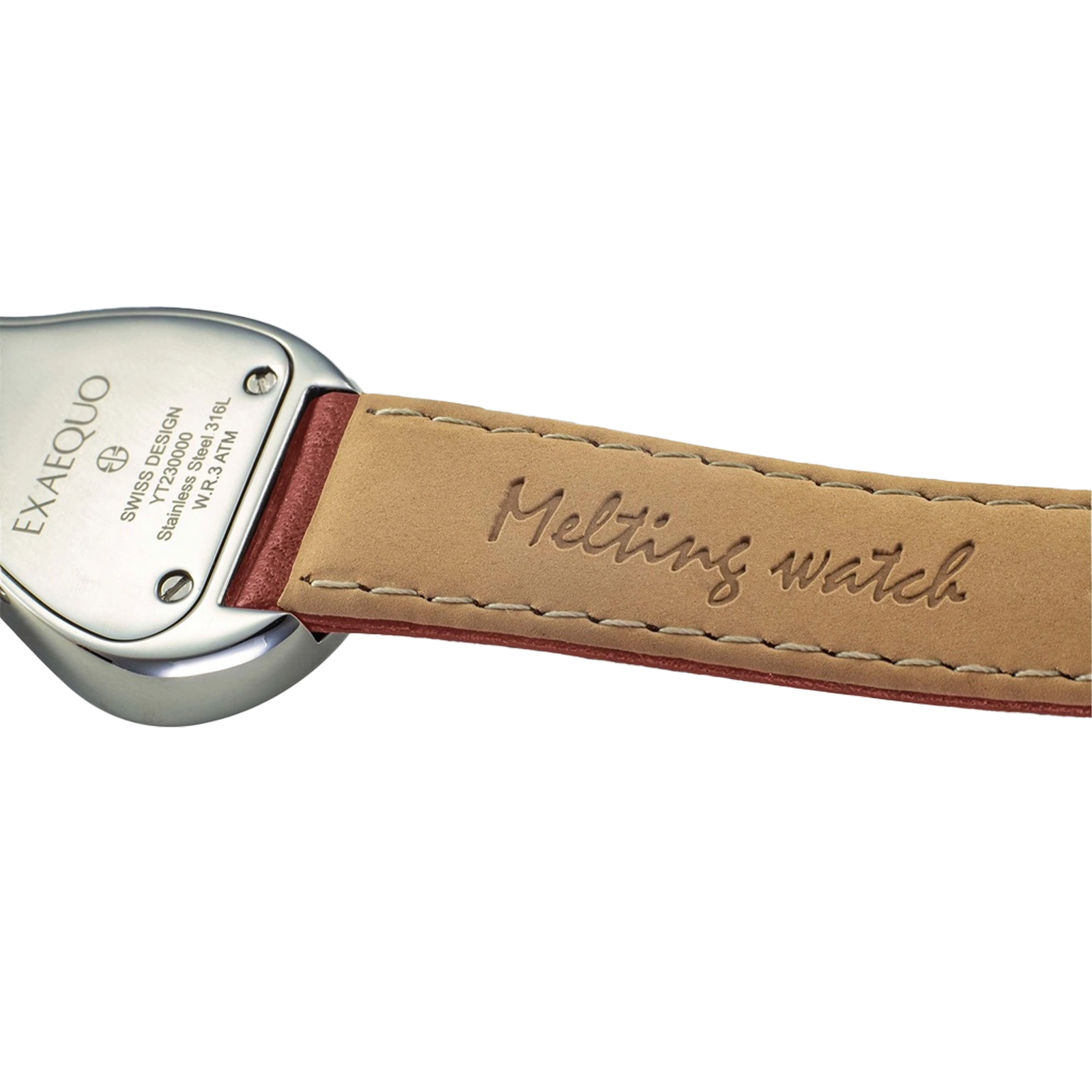 srebrny zegarek rozlany salvador dali exaequo melting watch kwarcowy żólta tarcza z brązowym paskiem 