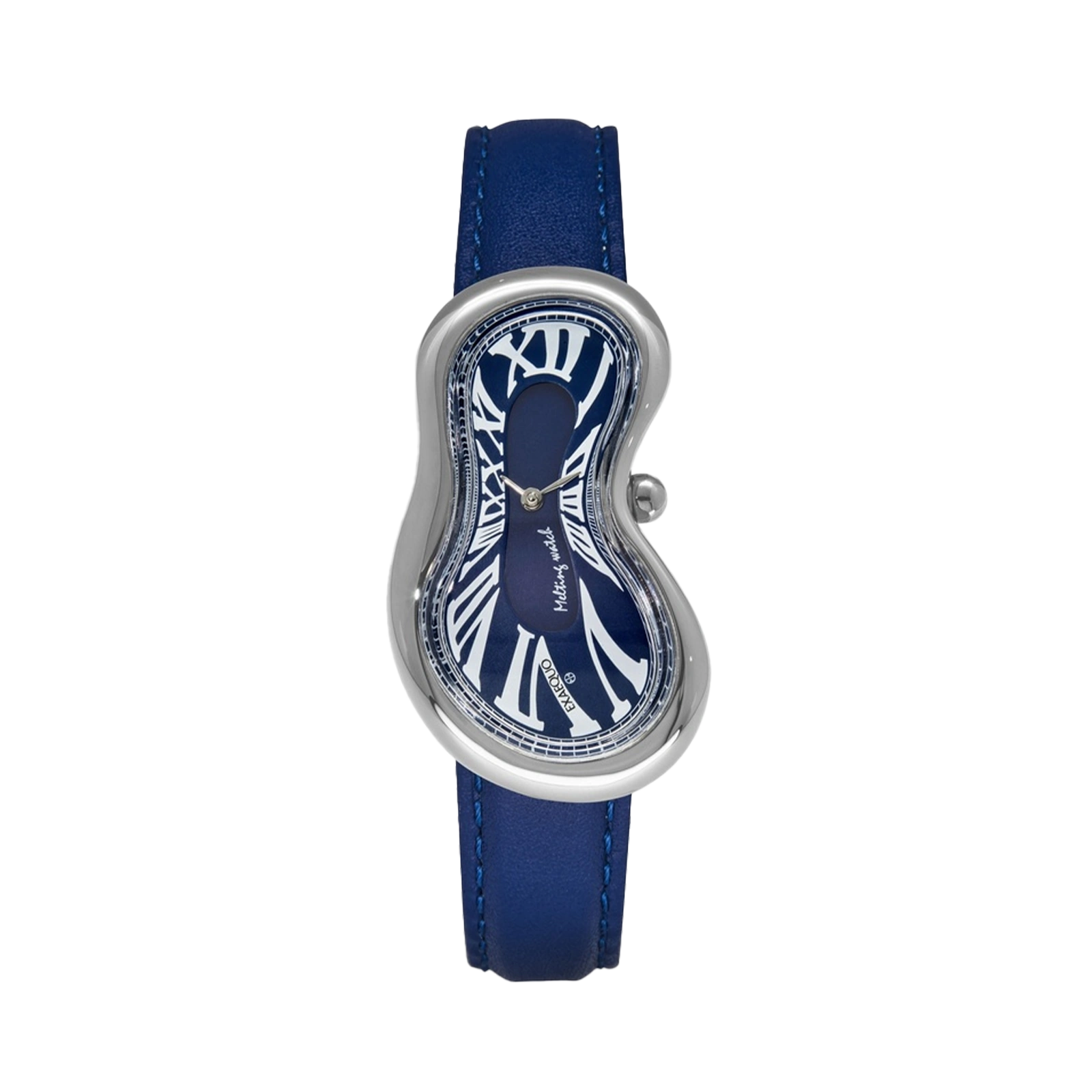 srebrny zegarek rozlany salvador dali exaequo melting watch kwarcowy niebieska tarcza z niebieskim paskiem 