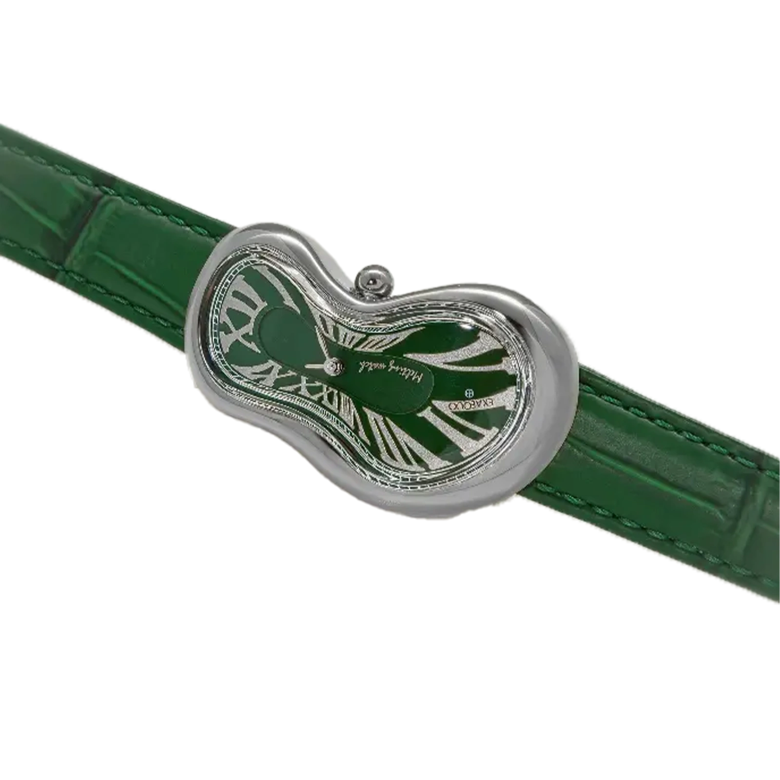 srebrny zegarek rozlany salvador dali exaequo melting watch kwarcowy zielona tarcza i zielony pasek