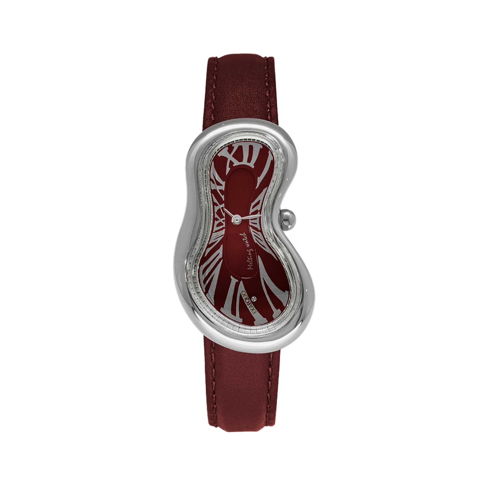srebrny zegarek rozlany salvador dali exaequo melting watch kwarcowy bordowa tarcza i bordowy pasek 