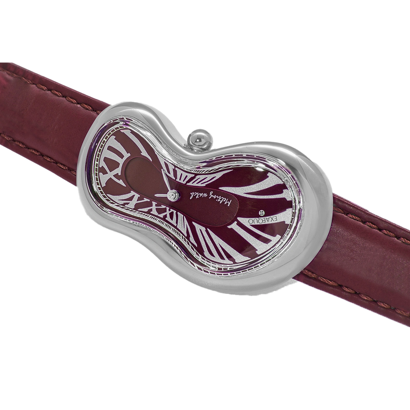 srebrny zegarek rozlany salvador dali exaequo melting watch kwarcowy bordowa tarcza i bordowy pasek 