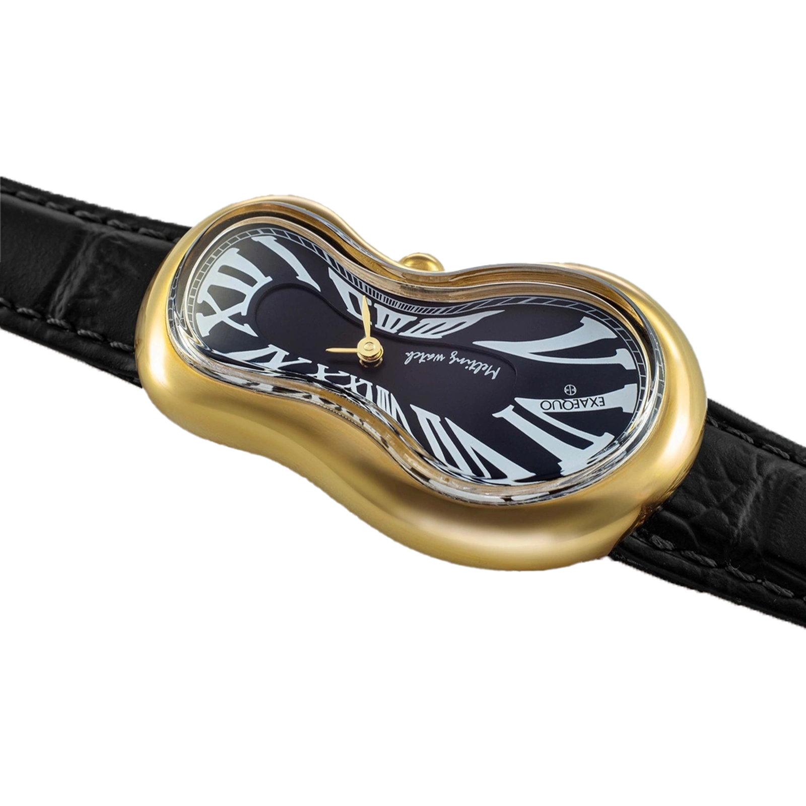 złoty zegarek rozlany salvador dali exaequo melting watch kwarcowy czarna tarcza i czarny pasek