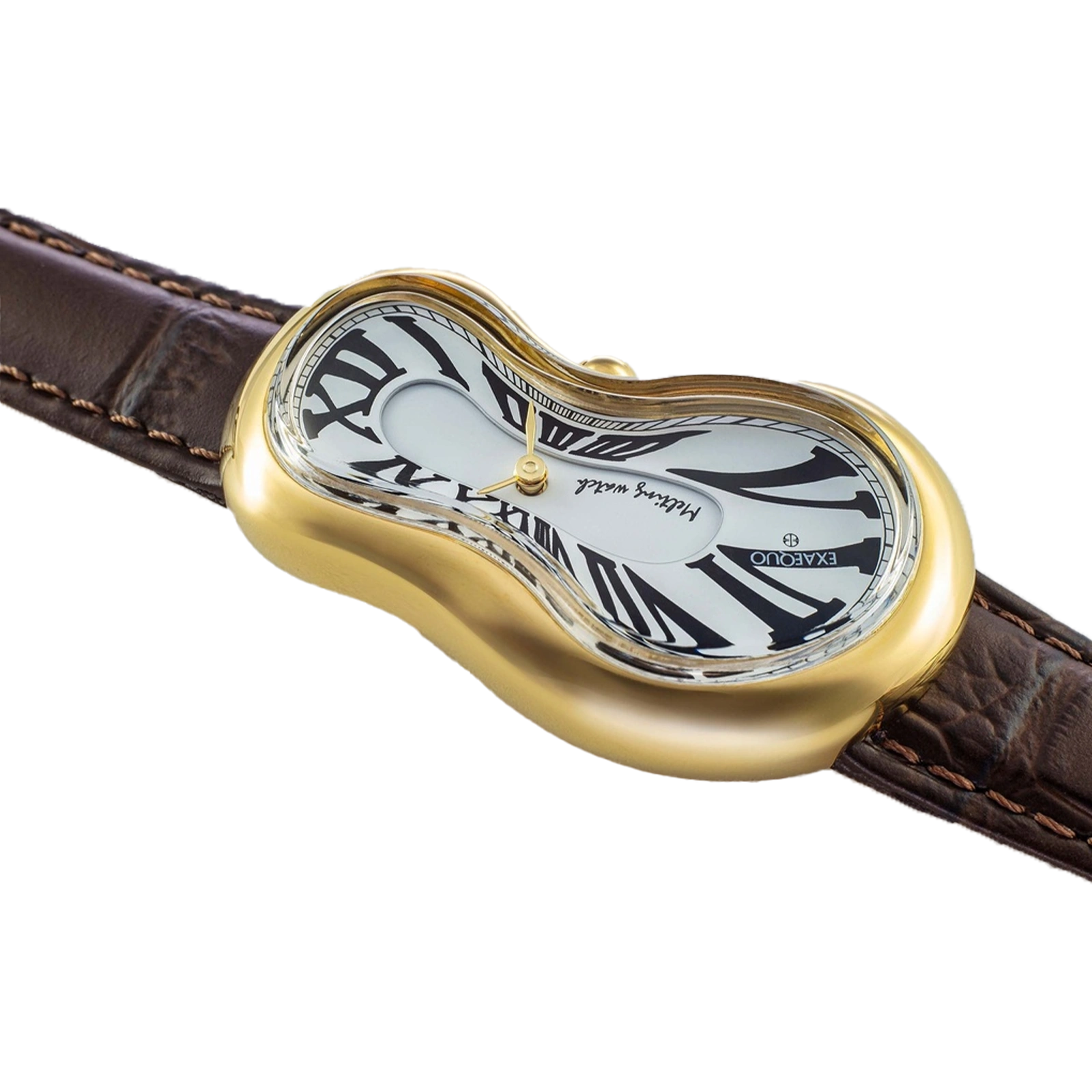 złoty zegarek rozlany salvador dali exaequo melting watch kwarcowy biała tarcza i brązowy pasek