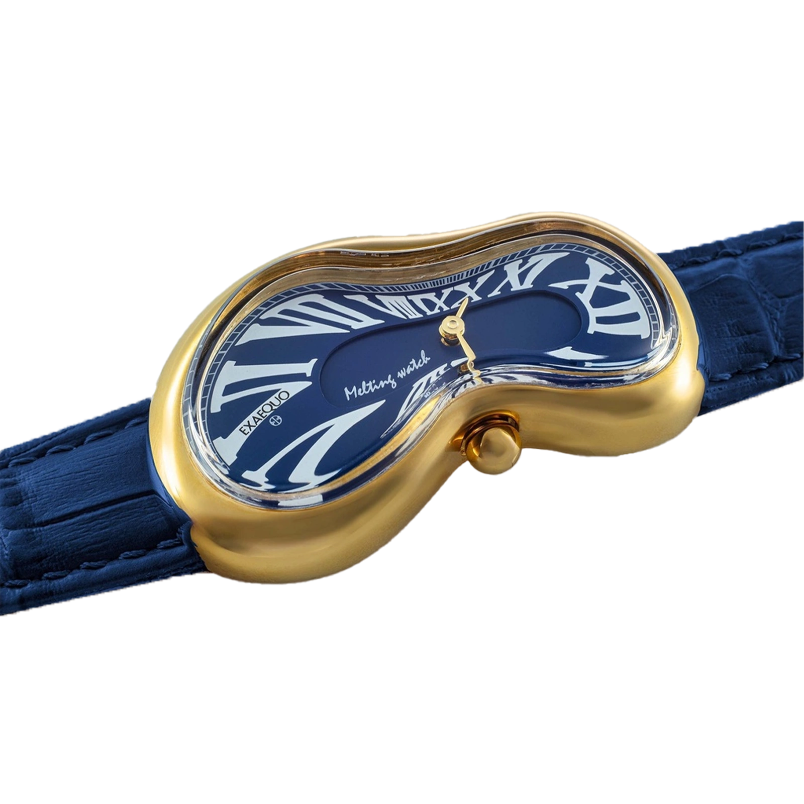 złoty zegarek rozlany salvador dali exaequo melting watch kwarcowy niebieski z niebieskim paskiem aligator