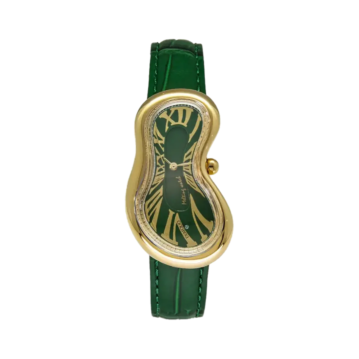 złoty zegarek rozlany salvador dali exaequo melting watch kwarcowy zielony z zielonym paskiem aligator
