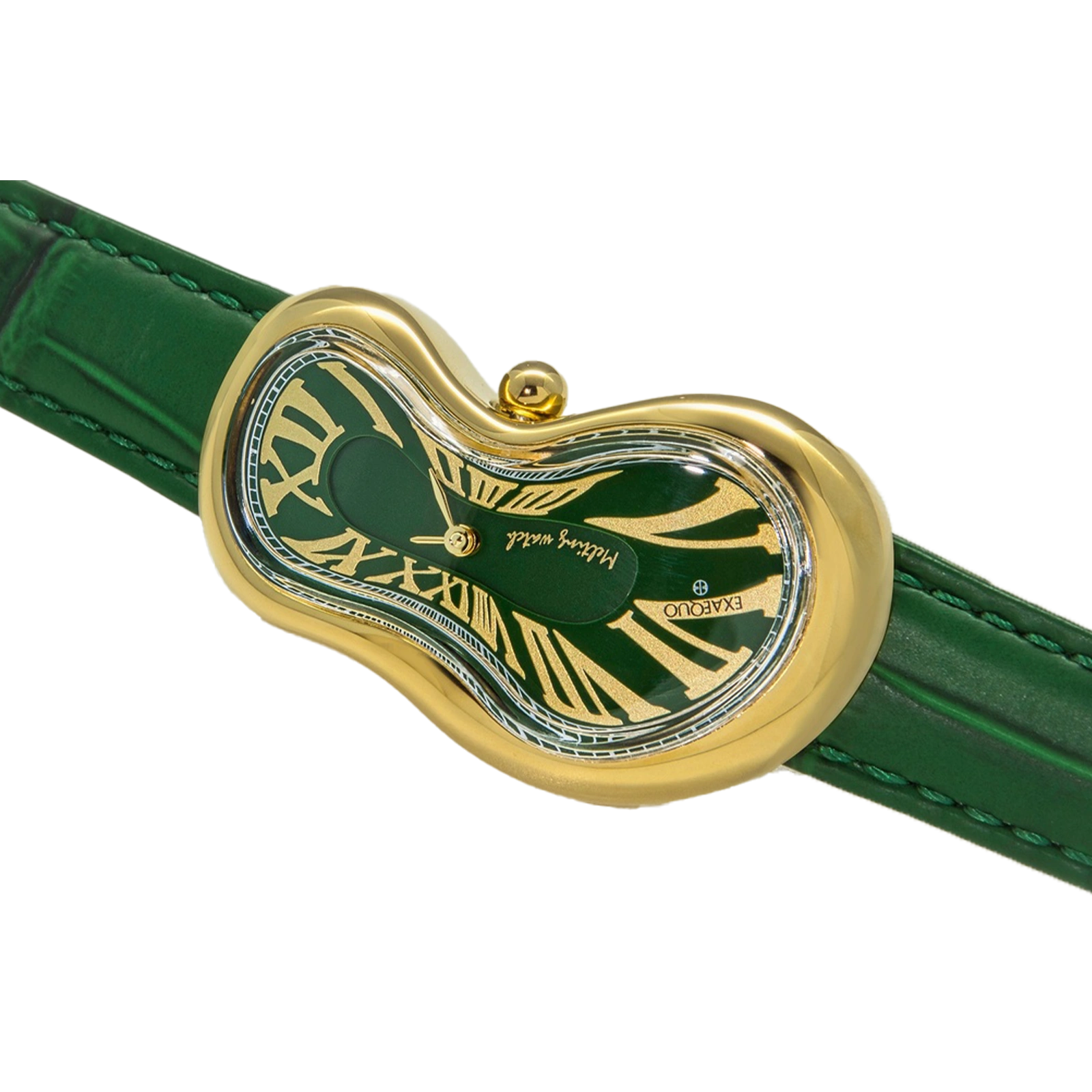 złoty zegarek rozlany salvador dali exaequo melting watch kwarcowy zielony z zielonym paskiem aligator