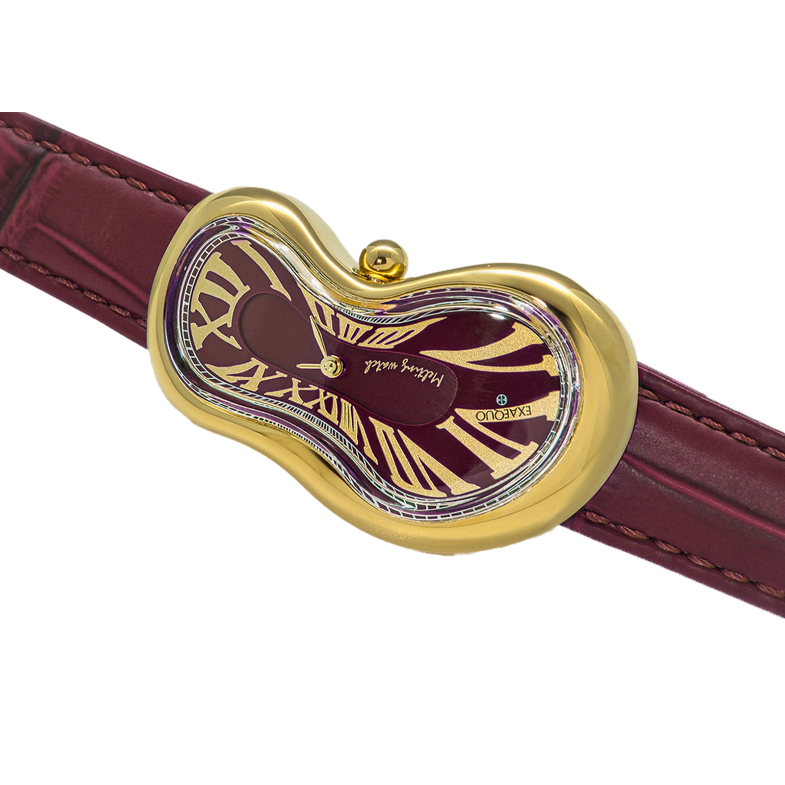 złoty zegarek rozlany salvador dali exaequo melting watch kwarcowy bordowa tarcza i bordowy pasek 