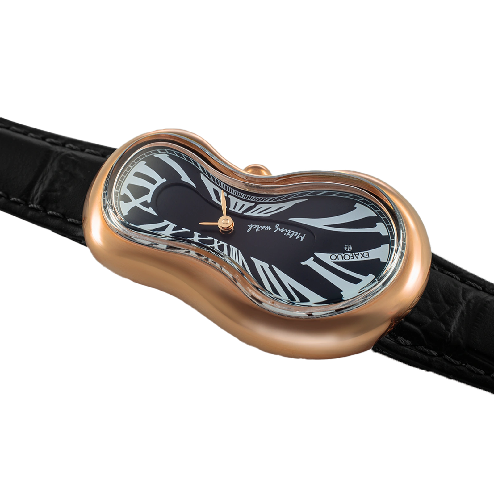 różowo złoty zegarek rozlany salvador dali exaequo melting watch kwarcowy czarna tarcza i czarny pasek