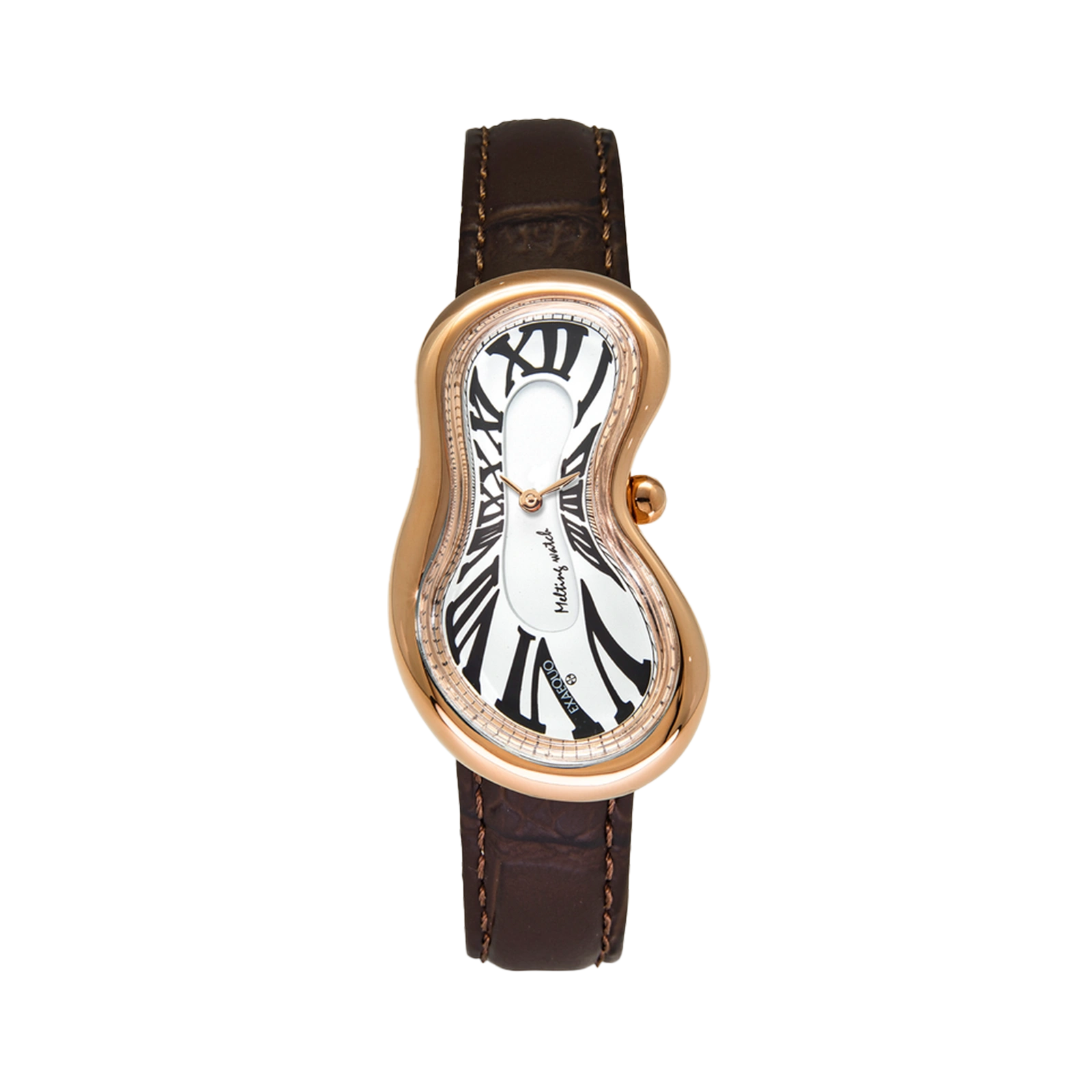 różowo złoty zegarek rozlany salvador dali exaequo melting watch kwarcowy biała tarcza i brązowy pasek